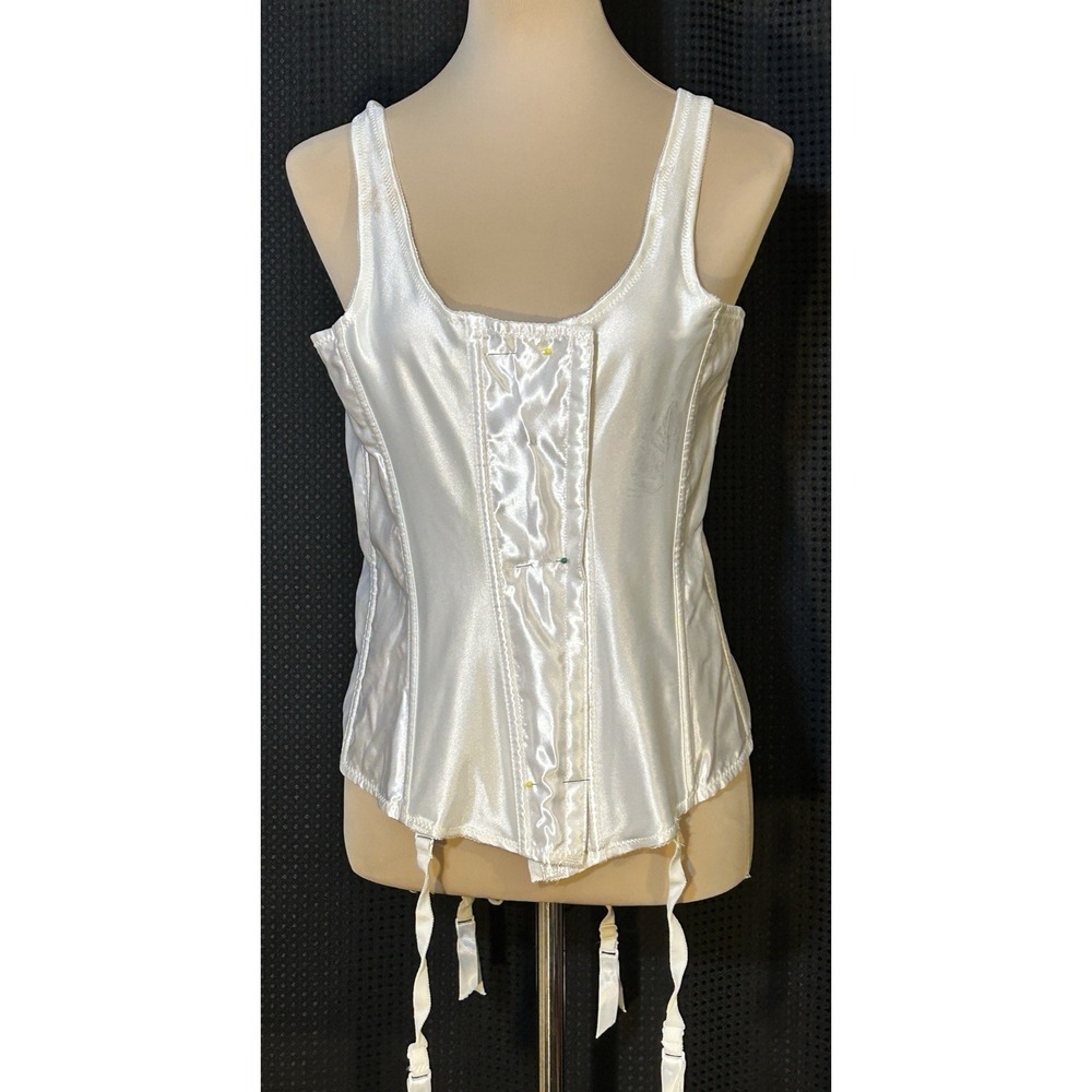 Vtg Fredericks of Hollywood White Satin Corset Top Garters Y2K Vampy 3X?